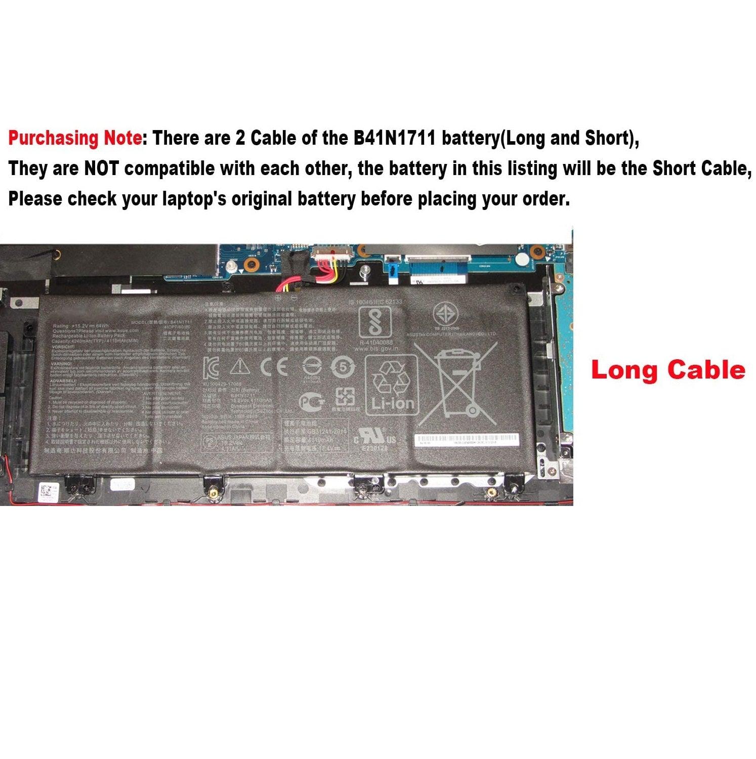 B41N1711 Original Laptop Battery for Asus ROG GL503VD GL703VD FX503VM FX63VD (Long Cable)